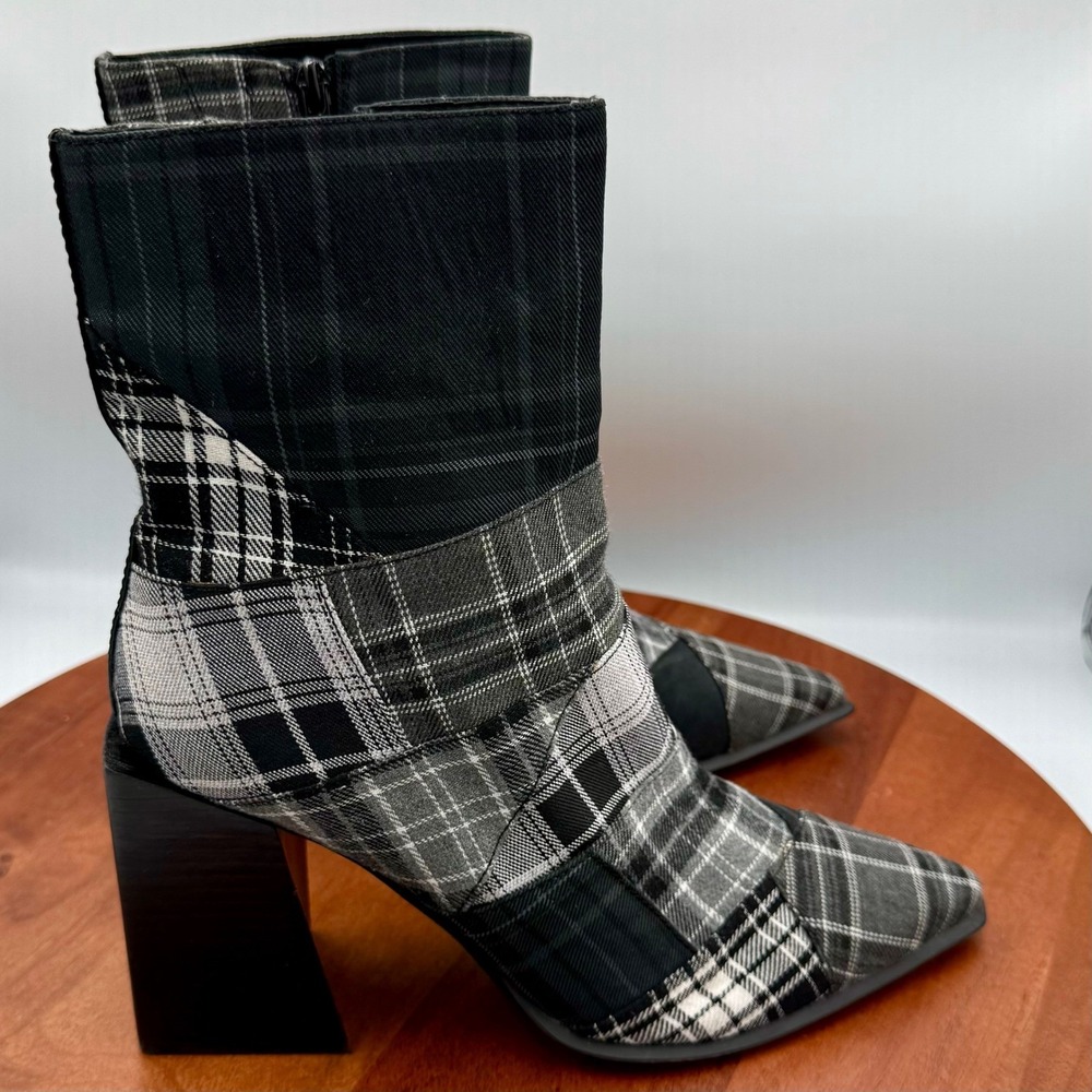 Jeffrey Campbell Siren Plaid Patchwork Ankle Boots Pointed Toe Black‎ Gray W 9
